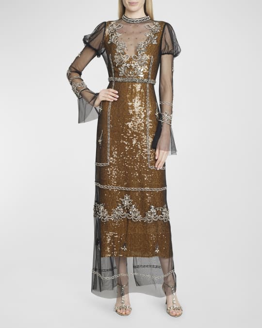 Erdem Beaded Puff-Sleeve Sequin-Lined Illusion Maxi Dress | Neiman Marcus