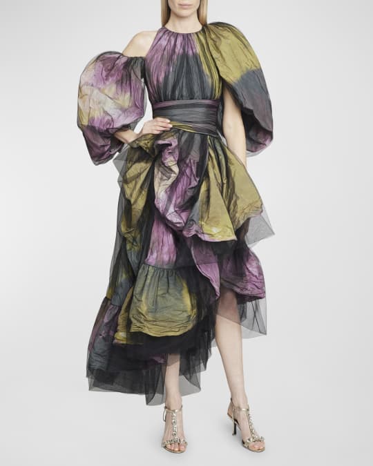 Puff Sleeve Volume Draped Asymmetric Midi Dress