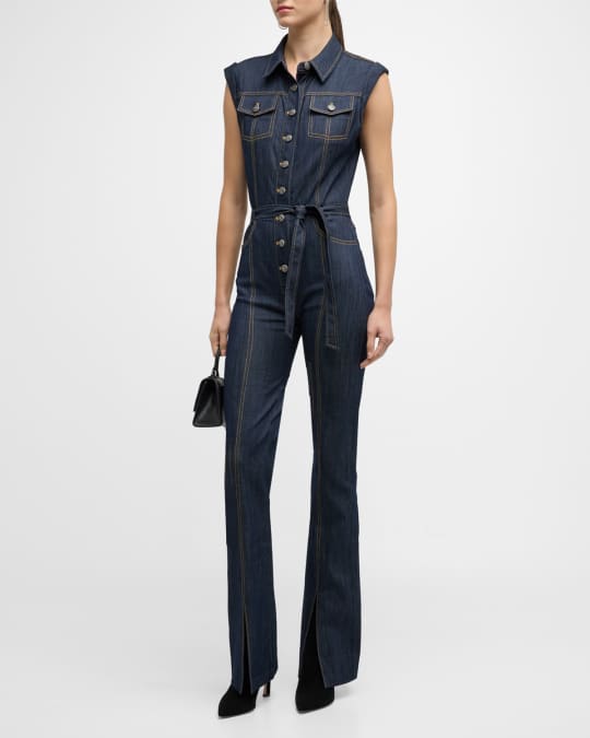 Tania Sleeveless Tie Belt Flared Denim Jumpsuit