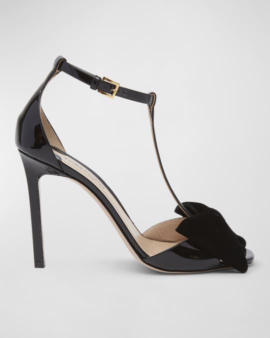 Patent Bow T-Strap Stiletto Sandals
