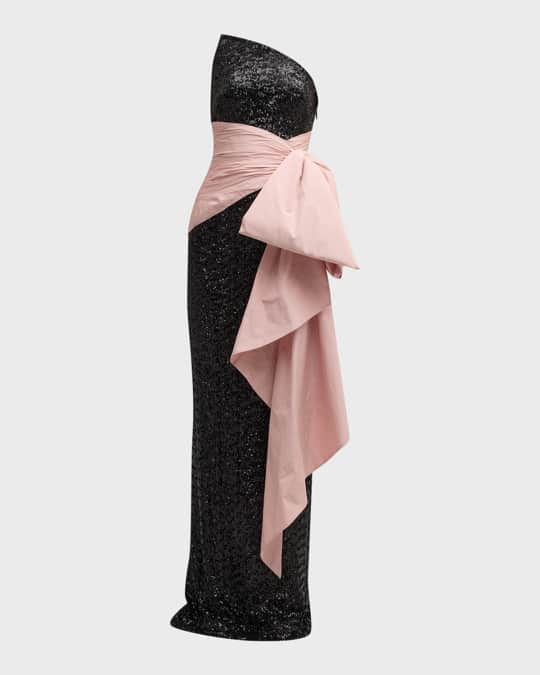 Strapless Stretch Sequin Gown with Taffeta Bow Sash