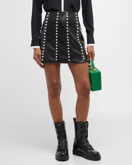 Alice Olivia Lecia Embellished Vegan Leather Paneled Mini Skirt