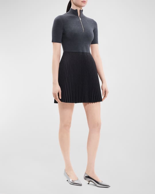 Theory Short-Sleeve Pleated Knit Combo Mini Dress Neiman Marcus