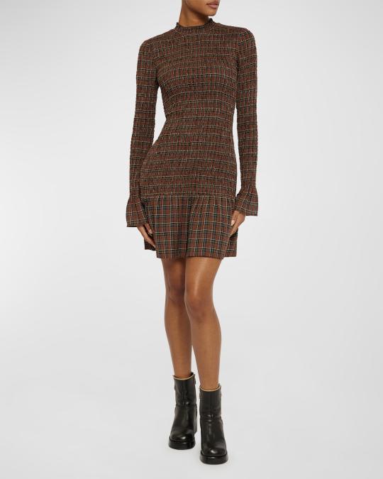 joie brown dress Houda Smocked Plaid Flounce Mini liquidation sale dresses up back Zipper in SIZE:S PREORDER Introducing our stunning new