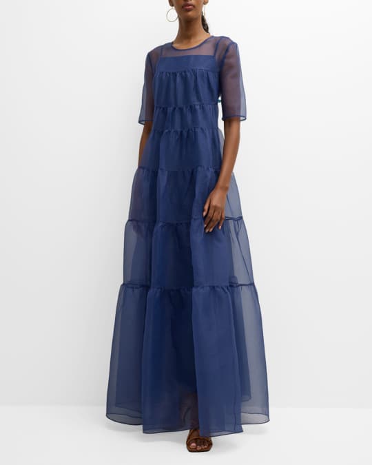 STAUD Hyacinth Short-Sleeve Tiered Organza Maxi Dress | Neiman Marcus