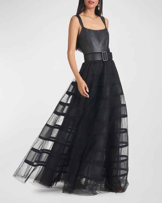 Sachin Babi Veruca Sleeveless Faux Leather Organza Gown