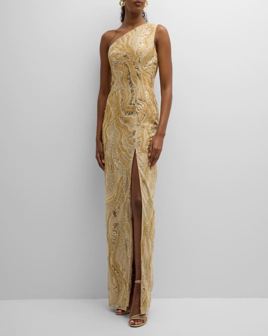 Dress the Population Black Label Brea One-Shoulder Bead & Sequin Column Gown  | Neiman Marcus