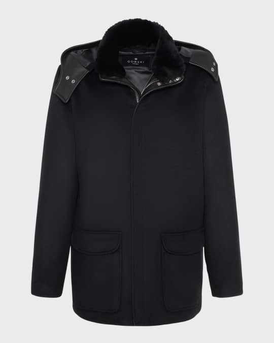 Men's Lamb Shearling Collar Brushed Wool Parka Jacket With Detachable Hood