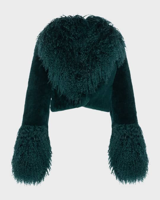 Cashmere Goat Fur Crop Bolero Jacket with Mongolian Goat Fur Collar and Cuffs