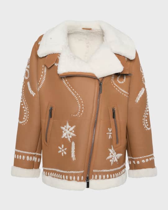 Wool Embroidered Lamb Shearling Moto Jacket
