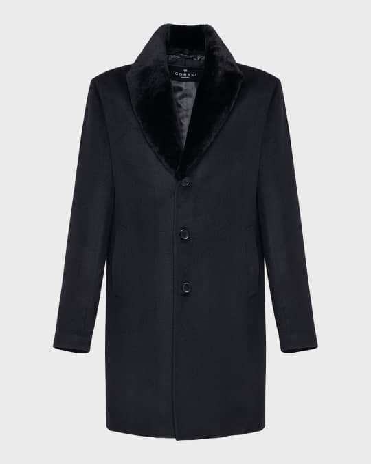 Men's Detachable Lamb Shearling Collar Single-Breasted Wool Coat