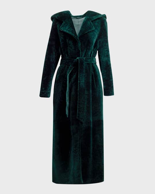 Shearling Lamb Belted Hooded Long Coat