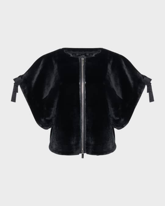 Bow Short-Sleeve Shearling Lamb Collarless Jacket