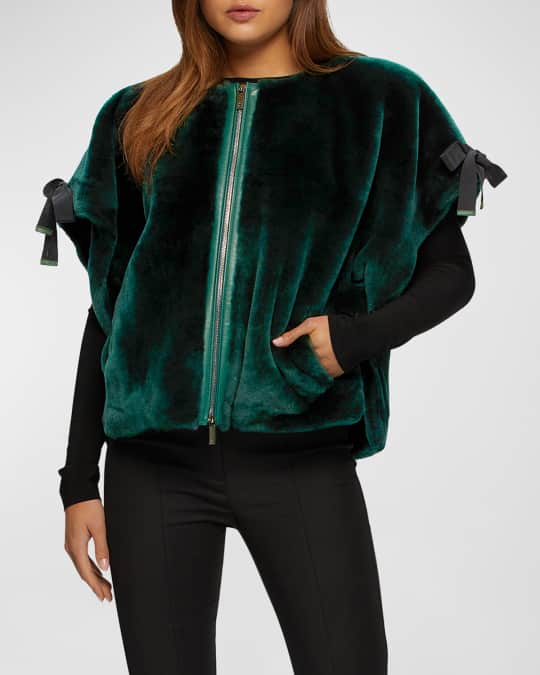 Bow Short-Sleeve Shearling Lamb Collarless Jacket