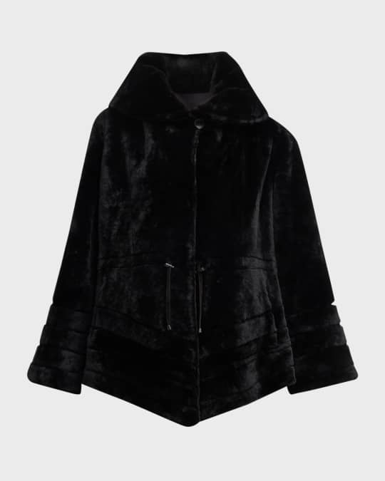 Chevron-Hem Shearling Lamb Hooded Reversible Jacket