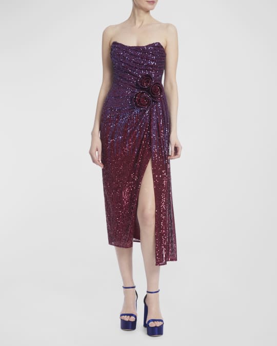 Badgley Mischka Collection Strapless Draped Ombre Sequin Midi Dress ...