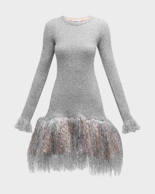 Rabanne Metallic Tinsel Fringe Drop-Waist Long-Sleeve Dress | Neiman Marcus