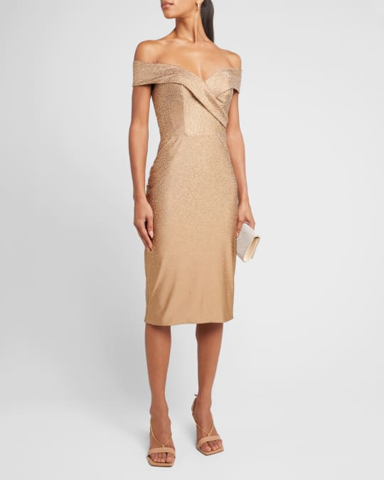 Jovani Off-Shoulder Rhinestone Midi Dress | Neiman Marcus