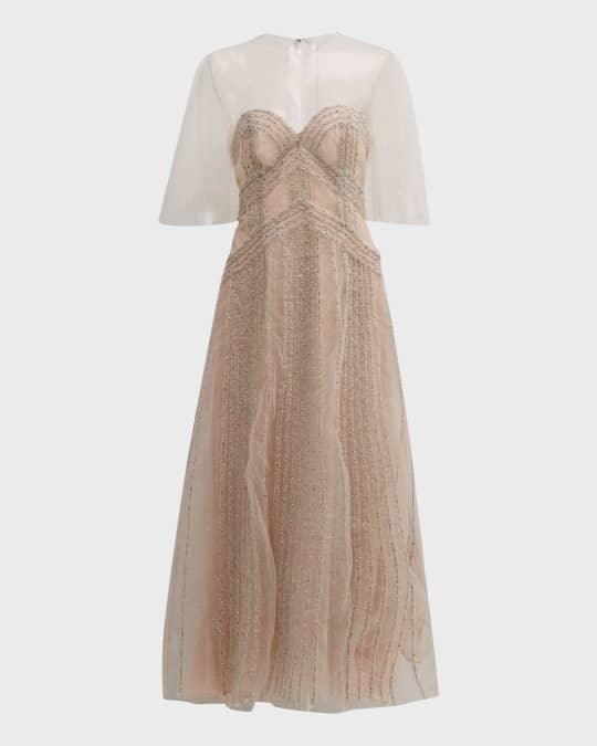 Lela Rose Embroidered Short-Sleeve Glitter Tulle Illusion Midi Dress |  Neiman Marcus