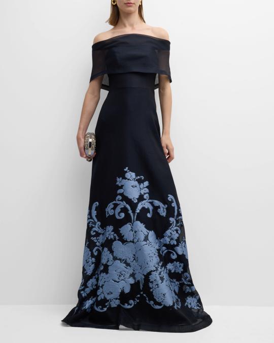 lela rose off shoulder dress $3490 Lela Rose Women Blue Draped Long-Sleeve Off-the Shoulder Dress Size 6