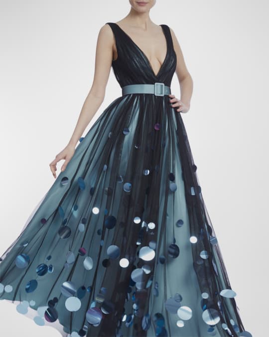 badgley mischka blue sequin dress Clarice Silk-Velvet Dress in Steel Blue