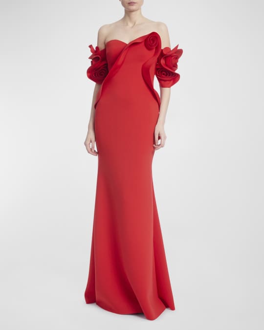 Badgley Mischka Collection Rosette Off-Shoulder Trumpet Gown | Neiman ...