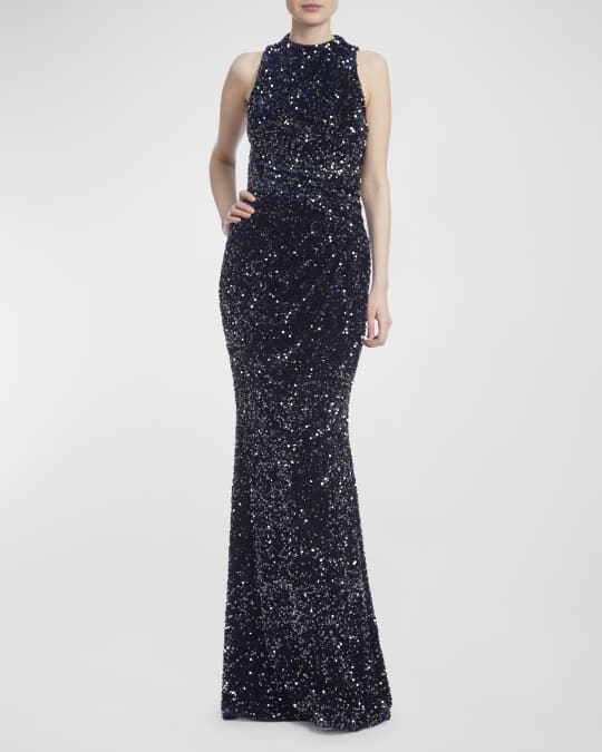 Pleated Sequin Velvet Gown