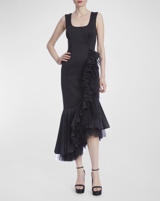Badgley Mischka Collection Sleeveless Ruffle Tulle High-Low Midi Dress ...