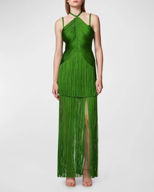 Herve Leger Draped Fringe Strappy Halter Gown | Neiman Marcus