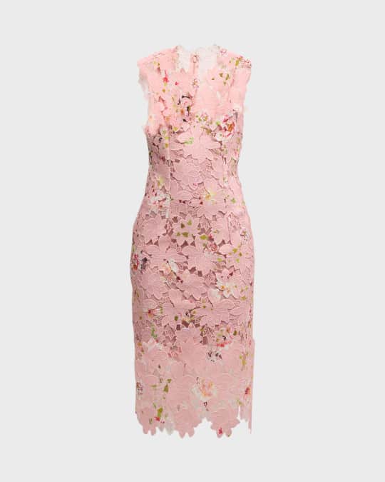 Monique Lhuillier Jewel-Neck Sleeveless Printed Lace Sheath Midi