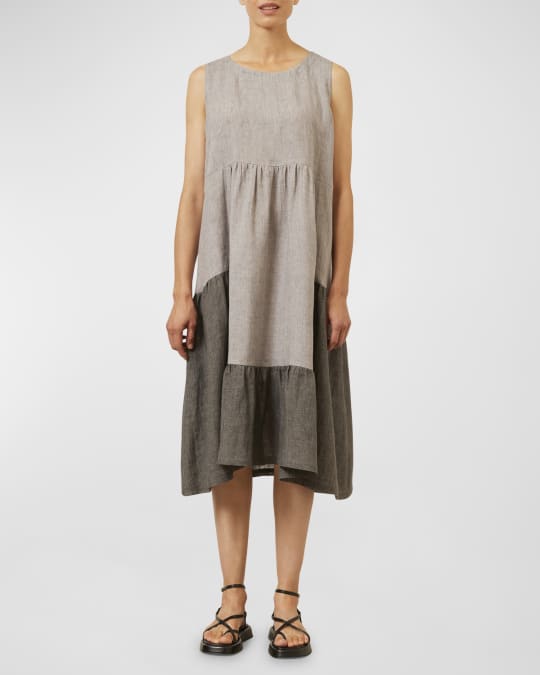 Eskandar Two-Tone Tiered Pleated Sleeveless Dress | Neiman Marcus