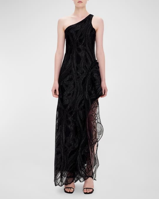 SIMKHAI Agatha Draped One-Shoulder Corded Lace Gown | Neiman Marcus