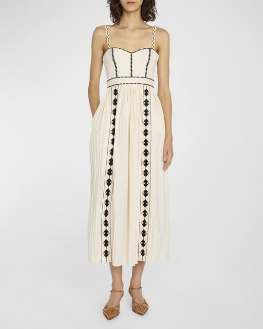 Ulla Johnson Elin Embroidered Poplin Pleated Bustier Midi Dress | Neiman  Marcus