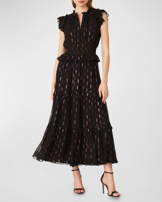 Shoshanna Tiered Ruffle-Trim Metallic Fleck Maxi Dress | Neiman Marcus