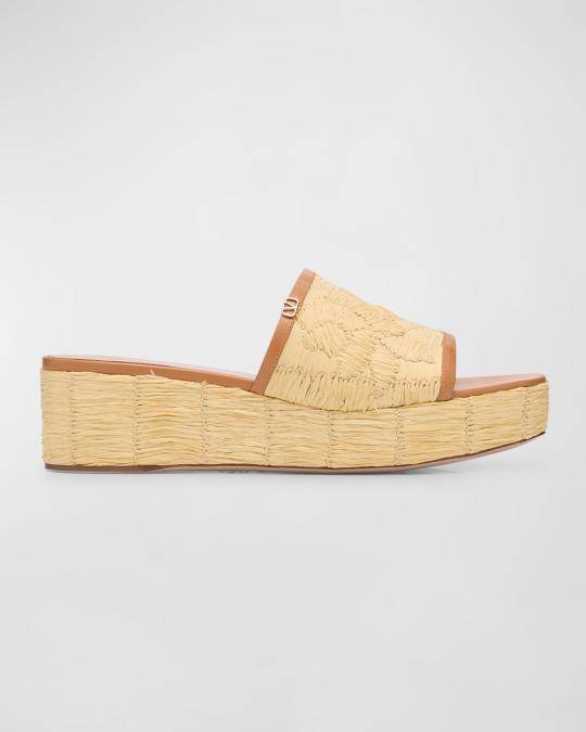 Valentino Garavani Raffia Leather Platform Slide Sandals | Neiman Marcus