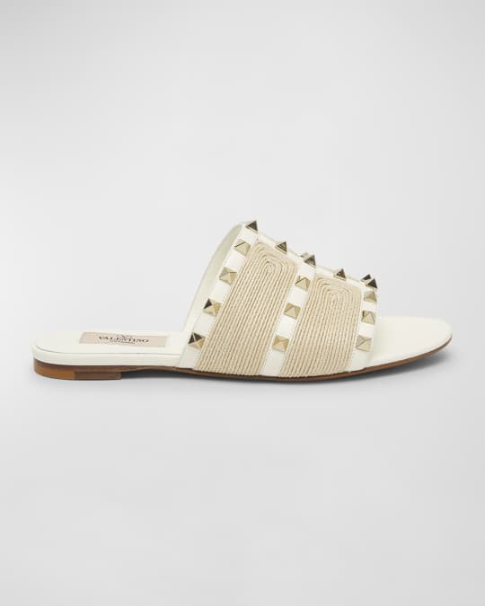 Valentino Garavani Rockstud Raffia Flat Slide Sandals Neiman Marcus