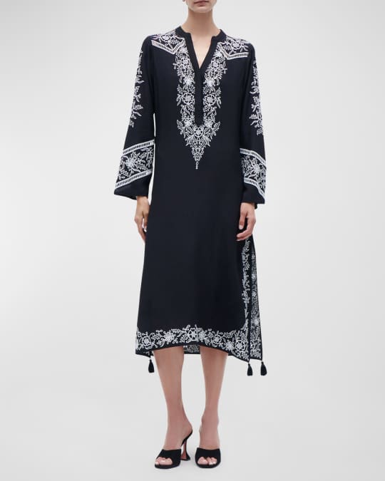 figue black embroidered dress MissJophiel V Neck Floral Embroidery Midi Black Dress with Sleeves Black / Above Knee / US4