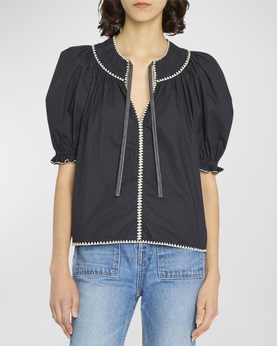 Lime 'N' Chili Embroidered Split Neck Puff Sleeve Blouse