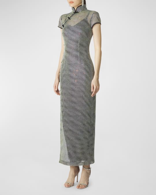 Sau Lee Crystal Mesh Mandarin Collar Midi Dress | Neiman Marcus