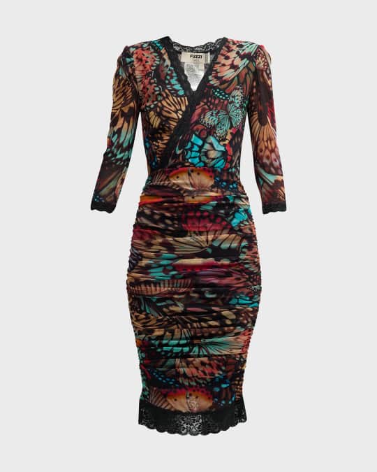 Fuzzi Butterfly Print Lace Trim Tulle Midi Dress Neiman Marcus