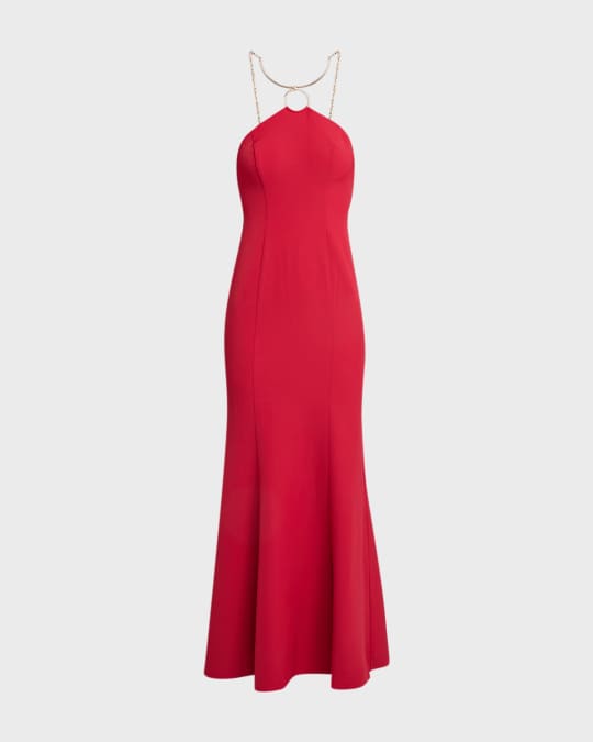 Liv Foster Chain-Strap Crepe Halter Gown | Neiman Marcus