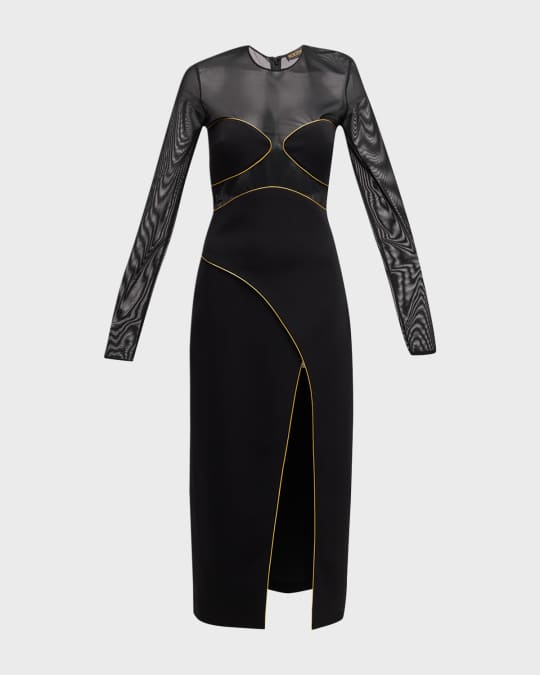 Long-Sleeve Cady Illusion Midi Dress
