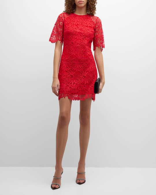 Shoshanna Taryn Elbow-Sleeve A-Line Lace Mini Dress | Neiman Marcus