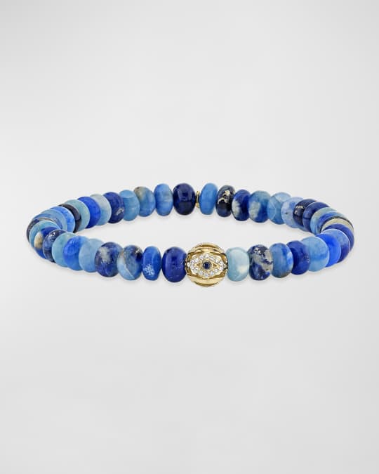 Men's Afganite Beaded Bracelet with Diamond and Sapphire Evil Eye 