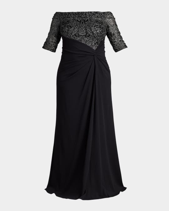 Tadashi Shoji Plus Size Side-Twist Off-Shoulder Sequin Gown | Neiman Marcus