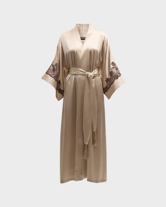 Josie Natori Lolita Lace-Trim Silk Charmeuse Robe | Neiman Marcus