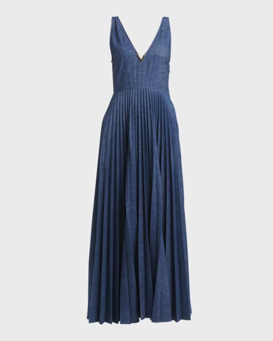 Valentino Garavani V-Logo Pleated Denim Midi Dress | Neiman