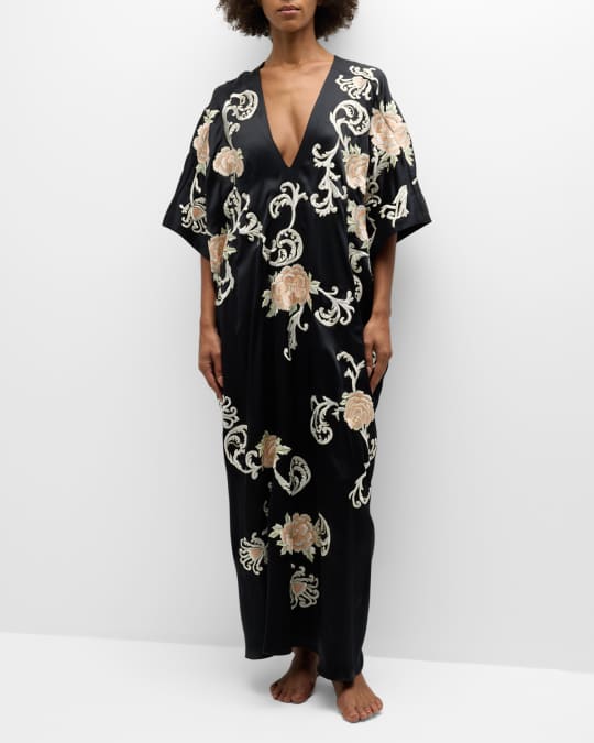 Josie Natori Key Essentials Floral-Embroidered Silk Caftan