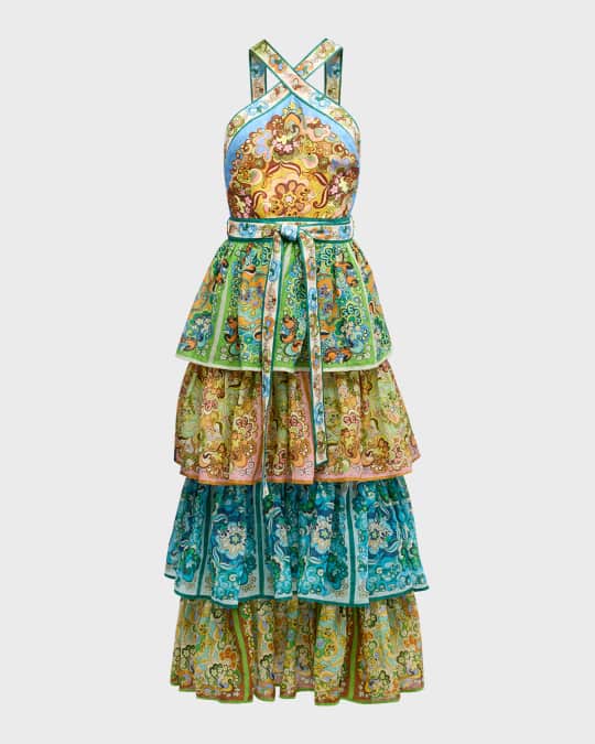 ALEMAIS Dreamer Halter Tiered Cross-Back Midi Dress | Neiman Marcus