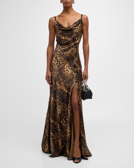 L'Agence Venice Leopard-Print Cowl-Neck Lace Gown | Neiman Marcus